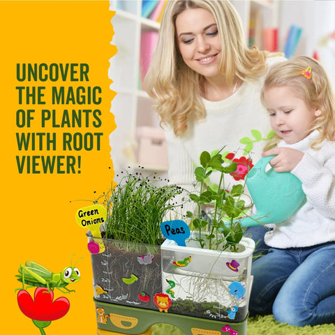 Mother and child using Hands On Kid Friendly Root Viewer Planting Kit With Seeds And Garden Supplies For Home And Classroom STEM Learning Dual Growth Options Soil Or Hydroponic Fun Gifts For Ages 6 And Up indoors