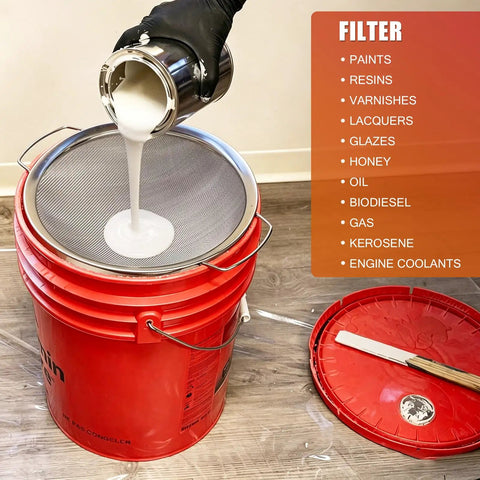Fine Mesh Paint Strainer 60 Mesh Stainless Steel Filter For Emulsions Honey Funnel Cover Fits 5 Gallon Paint Buckets in use