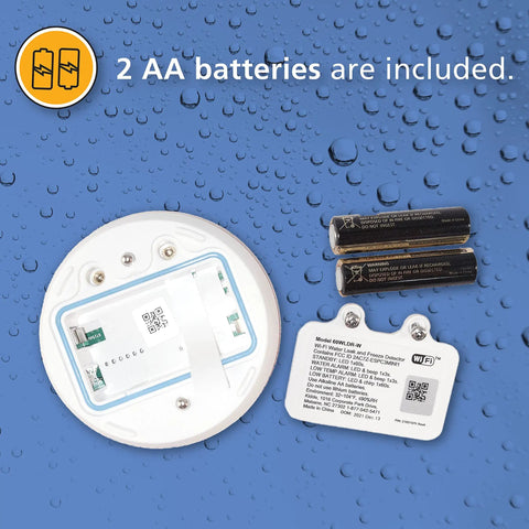 Battery compartment and 2 AA batteries for 4 Pack WiFi Water Leak Detector And Freeze Alarm For Home, Alexa compatible, app alerts