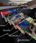 8.1 Inch Wireless CarPlay Car Stereo with split-screen display showing maps and camera views in a vehicle dash setup.