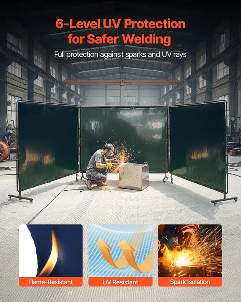Six By Eight Foot 3-Panel Welding Screen With Frame, flame-resistant vinyl safety curtain, industrial use, workshop setting
