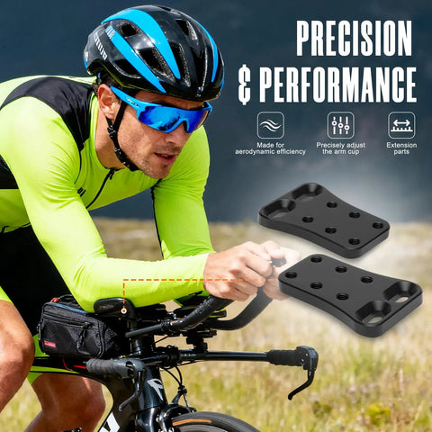 Cyclist using Adjustable Wingspan Extender For Aero Bars And Triathlon Handlebar Systems Aluminum Construction, biking through nature