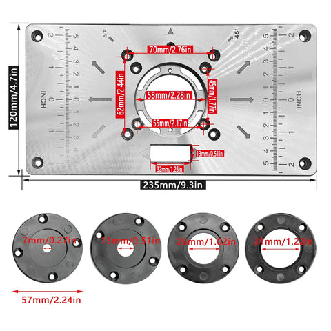 Beefy Aluminum Router Table Insert Plate For Woodworking, Heavy Duty Table Top Mounting Plate With Scales, Black, Dimensions