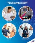 Image showing industries: office, education, retail, hospitality, highlighting uses for Mango Scent Disinfecting Wipes, 80 Count Per Canister.