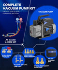 Front view of Orion Motor Tech automotive AC vacuum pump kit with 3.5 CFM pump, gauges, hoses and adapters