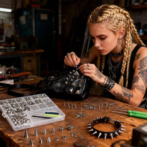 Person using Dope Punk Spikes And Studs Kit With 500 Sets In 11 Sizes For Jackets Shoes Belts Bags And Leather Craft DIY Accessories