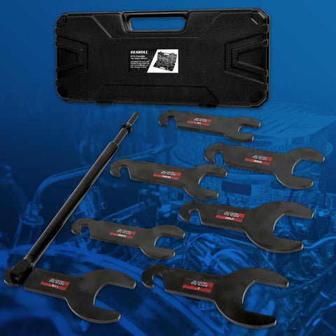 Pneumatic Fan Clutch Wrench Kit, 8 Piece Driving Wrenches Set With Sizes 32mm 36mm 40mm 47mm Seven Eighths Inch One And Seven Eighths Inch Two Inches 17 Inch Handle Compatible With Ford GM Chrysler Jeep Trucks 4.3L 5.0L 5.7L displayed with case