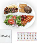 Portion Control Plate For Adults Divided Plate For Weight Loss Ideal For Bariatric And Diabetic Diets Durable Porcelain Easy To Clean Oven Safe Three Magnetic Calorie Charts Included showing food portions with calorie charts