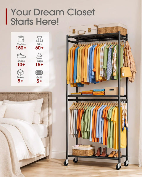 Top Shelf Metal Clothes Rack With Smooth Rolling Wheels And Hella Roomy Mesh Shelving No Sweat Build Rock Solid Garment Stand With Side Hooks For Bedroom Laundry Or Balcony Black