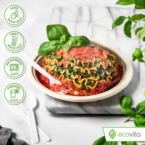 Lasagna on a 100 Percent Compostable 9 Inch Paper Plates For Parties, 150 Disposable Eco Friendly Tree Free Dinnerware