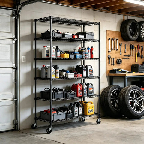 Heavy Duty 6 Tier Wire Shelving Rack On Wheels NSF Certified Steel Shelves With 2100Lbs Capacity Adjustable Height Beefy Construction Built To Last Ideal For Closet Pantry Basement 18x45x82 Inches Black in garage