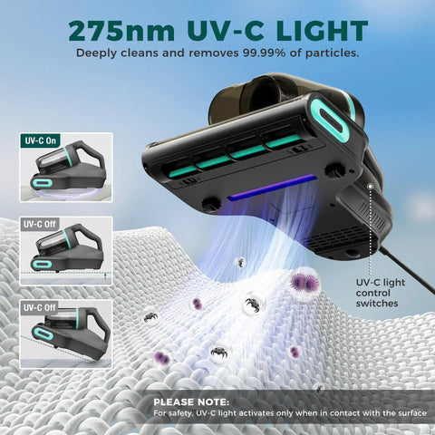 Heavy Duty Handheld Mattress Vacuum Cleaner With Knockout 15Kpa Suction, UV-C light shown cleaning fabric surface.