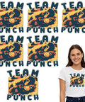 Girl wearing tee with 7x7 inch DTF Transfers For T Shirts Ready To Press Heat Transfer Stickers, Team Punch design.