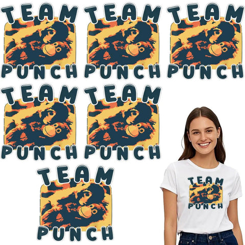 Girl wearing tee with 7x7 inch DTF Transfers For T Shirts Ready To Press Heat Transfer Stickers, Team Punch design.