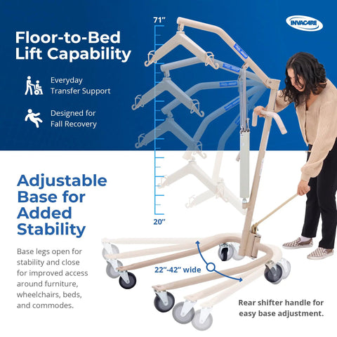 Lightweight Hydraulic Patient Lift Built Tough Yet Easy On The Hands With A Steady 450 Lb Capacity And Smooth Bent Mast For Safer Floor To Bed Transfers Plus Padded Swivel Seat with adjustable base.