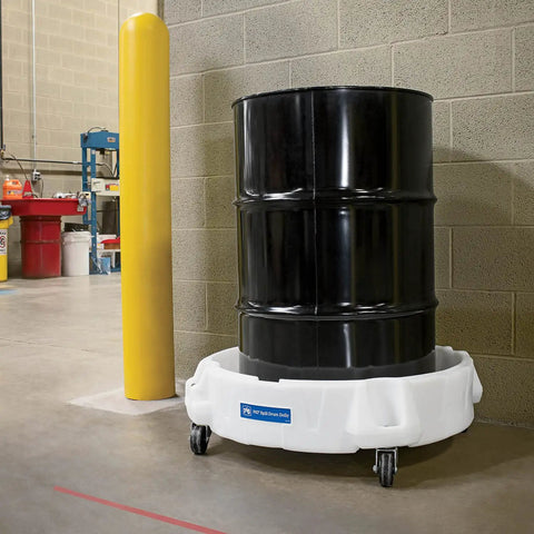 Drum Dolly For 5 To 55 Gallon Drums Poly Spill Pallet With 11 Gallon Sump 500 Lb Load Capacity Free Rolling Casters Optional Handle UV Resistant Poly Construction For Indoor And Outdoor Use