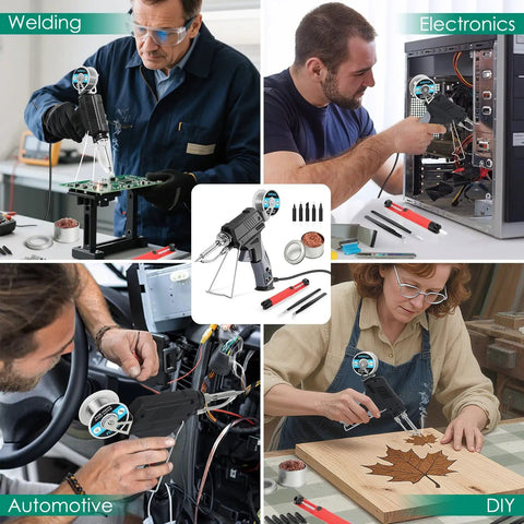 Collage of people using 60W Auto Feed Soldering Iron Gun Kit With Adjustable Temperature LCD Display in various settings