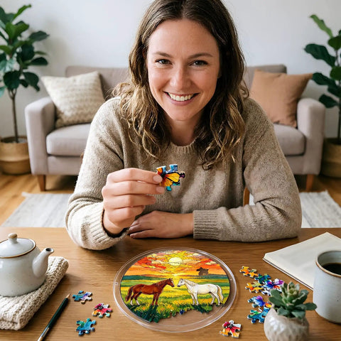 Smiling woman assembling Unique Branches Of Love Acrylic Catcher Puzzle Kit For Doors Garden And Window Hanging Easy To Assemble