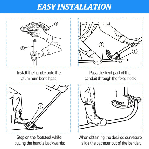 Installation steps for Heavy Duty 1/2 Inch Emt Conduit Bender Head With 3/4 Inch Pipe Handle, aluminum pipe bending tool.
