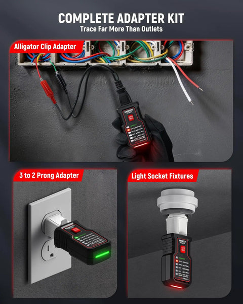 Plug And Play Circuit Breaker Finder Kit With Non Contact Voltage Tester, showing alligator clip adapter connected to wires.