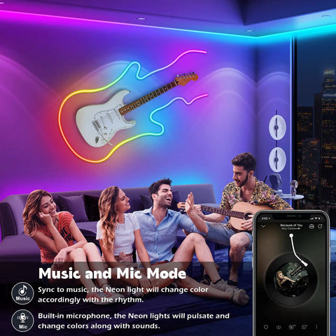 Room with 32.8Ft Flexible Neon Rope Lights With App And Remote Control Dope RGB LED Neon Rope Light With Music Sync on wall.
