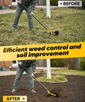 Before and after using 2-In-1 Manual Rotary Cultivator And Weeder With Adjustable Long Handle, 72.4 Inch, heavy duty 3-blade tiller.