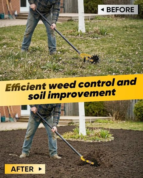 Before and after using 2-In-1 Manual Rotary Cultivator And Weeder With Adjustable Long Handle, 72.4 Inch, heavy duty 3-blade tiller.