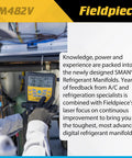 Fieldpiece SM482V digital refrigerant manifold in use on HVAC equipment, handheld wireless gauge with display