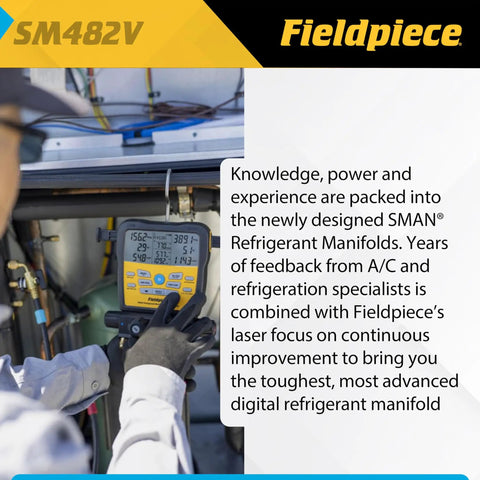 Fieldpiece SM482V digital refrigerant manifold in use on HVAC equipment, handheld wireless gauge with display