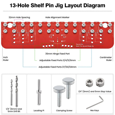 Top Rated 2 In 1 Shelf Pin Jig And Hinge Jig With 13 Alignment Holes For 1/4 Inch And 5mm Cabinet Hardware Drill Guide layout diagram.