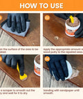 Four steps demonstrating how to use White Wood Filler And Putty 16 Oz Repair Kit for holes, cracks, and dents.