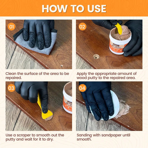 Four steps demonstrating how to use White Wood Filler And Putty 16 Oz Repair Kit for holes, cracks, and dents.