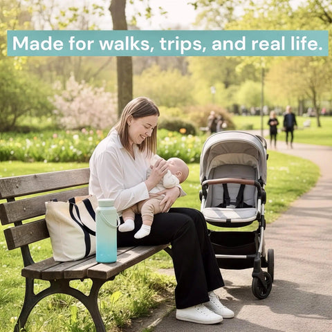 Portable 22oz Stainless Steel Breast Milk Cooler Bottle Keeps Pumped Stash Ice Cold For Up To Twenty Four Hours Goes Hard For Moms On The Go All Day Long beside a mother feeding her baby.