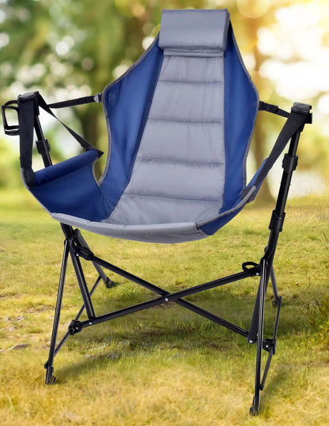 Hammock Camping Chair With 3 Height Settings And Headrest Portable Adjustable Backrest Padded Seat Cup Holder in a grassy field