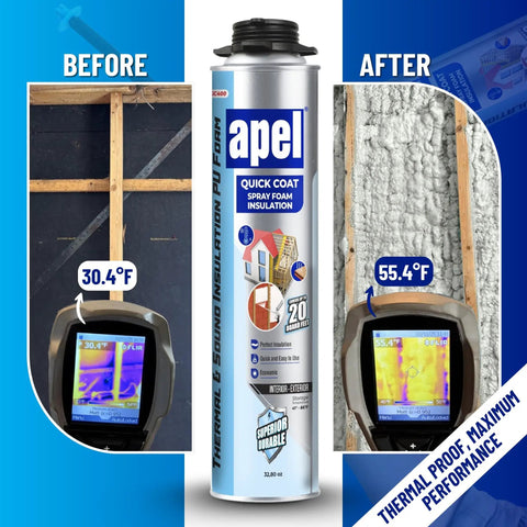 Before and after of wall insulated with Spray Foam Insulation Kit With 12 Cans, Self Expanding Polyurethane Foam For Heat And Acoustic Insulation.