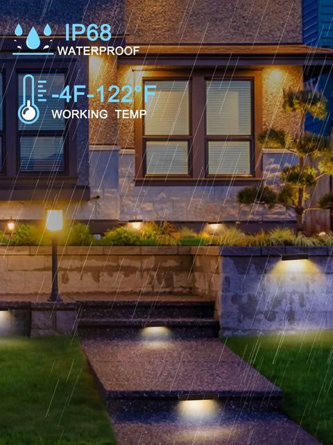 Night view of Eight Pack 7 Inch LED Hardscape Step Lights 2.5W Waterproof IP68 For Retaining Walls And Pavers in rain