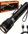 Ultra Bright USB C Rechargeable Flashlight With Four Modes, 5000mAh Battery, LCD Power Display, IP54 Water Resistant Handheld Lantern shown with packaging and USB cable