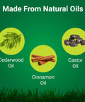 NatureShield Insect And Pest Repellent ingredients showing cedarwood, cinnamon, and castor oils with green background