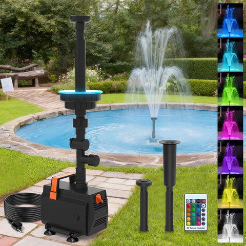 Submersible Pond Fountain Pump 600GPH with Remote LED Lights 3 Spray Patterns for Small Ponds Gardens Bird Baths and Waterfalls