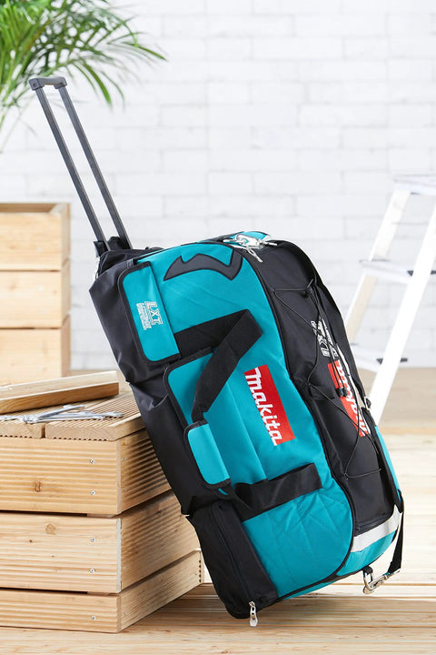 Heavy Duty Tool Bag Trolley with Wheels for Easy Mobility, padded walls, rugged ballistic nylon construction on wood surface