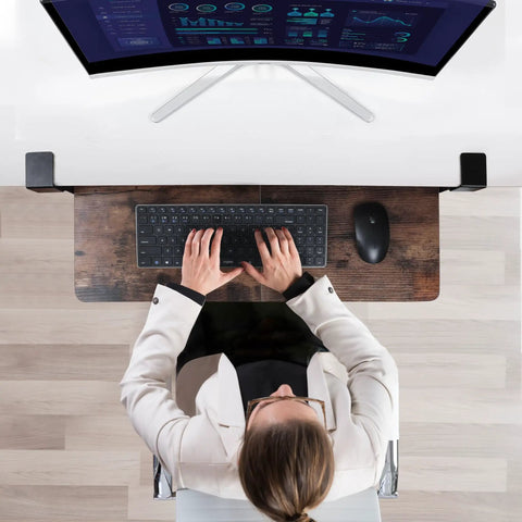 Overhead view of Under Desk Keyboard Tray With Storage Drawer in use, heavy duty clamp mount, pro grade ergonomic keyboard stand