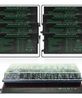Eight Pack Seedling Heat Mat Set 10 Inch By 20.75 Inch Waterproof Hydroponic Plant Heating Pad MET Certified For Germination And Greenhouse Seed Starters stacked and individual with seedlings underneath.