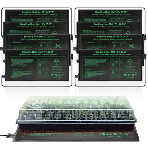 Eight Pack Seedling Heat Mat Set 10 Inch By 20.75 Inch Waterproof Hydroponic Plant Heating Pad MET Certified For Germination And Greenhouse Seed Starters stacked and individual with seedlings underneath.