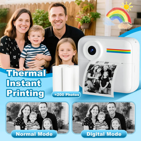 Dope Kids Instant Print Camera With 32GB Card Includes 4 Photo Paper Rolls Color Photos Stored On Memory Card 6 Scene Filters 28 Photo Frames Safe Thermal Print Tech Perfect Birthday Gift For Boys And Girls Ages 3 4 5 6 7 8 9 10 white kids instant camera with printed family photo and paper rolls