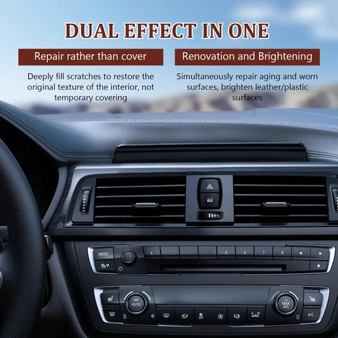 Car interior featuring dashboard with text about Interior Scratch Repair Kit For Dashboards, Plastics And Leather, 2026 Upgraded