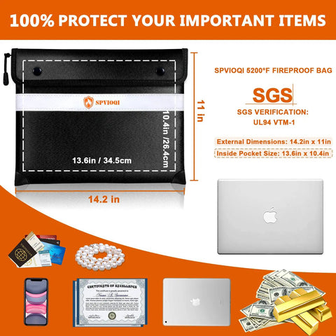 Grab And Go Fireproof Document Bag 5200F with Heat Insulation and Reflective Strip, shown with size dimensions and valuables