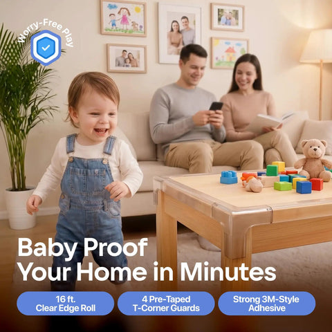 Knockout Baby Proofing Corner Guards And Edge Protective Tape 16 Feet Clear Cabinet Safety Strip With Four Rounded Corner Caps in a living room.