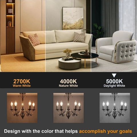 Living room lighting comparison: 2700K warm, 4000K natural, 5000K daylight with E12 LED Bulbs 5000K Daylight White With Crisp Natural Light.