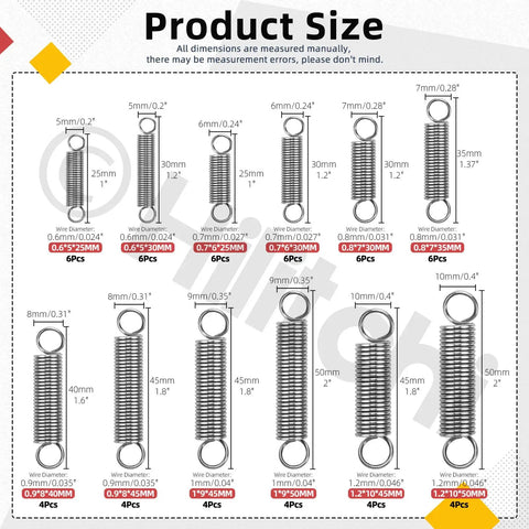 60 Piece Extension Spring Kit With 12 Sizes Stainless Steel Assortment For Repairs And Maintenance size chart