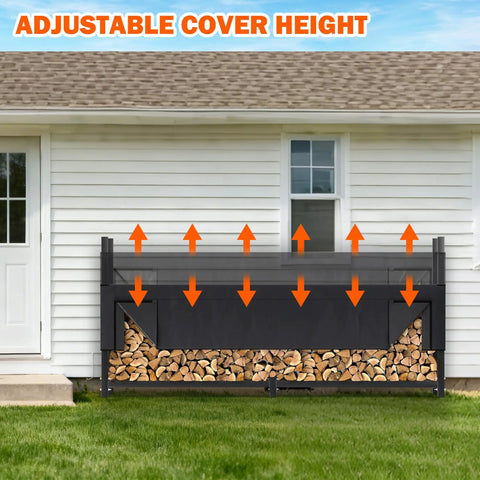 8 Foot Heavy Duty Firewood Rack With Waterproof Cover adjustably positioned outside a house showing freestanding use
